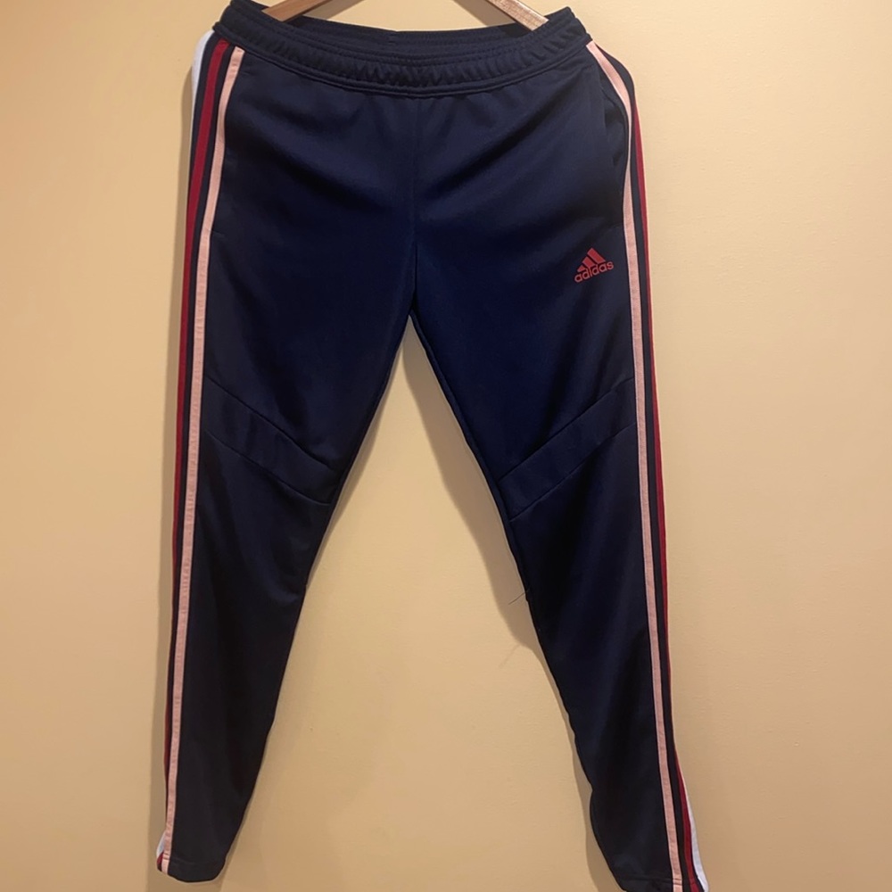 Women’s Adidas clima cool pants, size small, blue with pink red white stripes